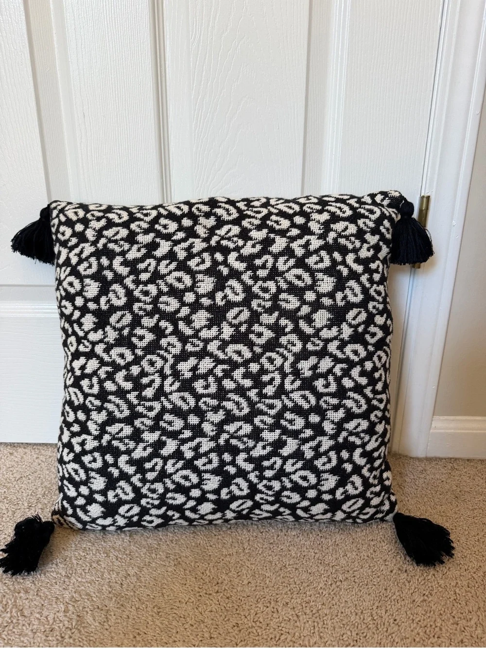 Black & Cream Leopard Print Woven Throw Pillow with Tassels